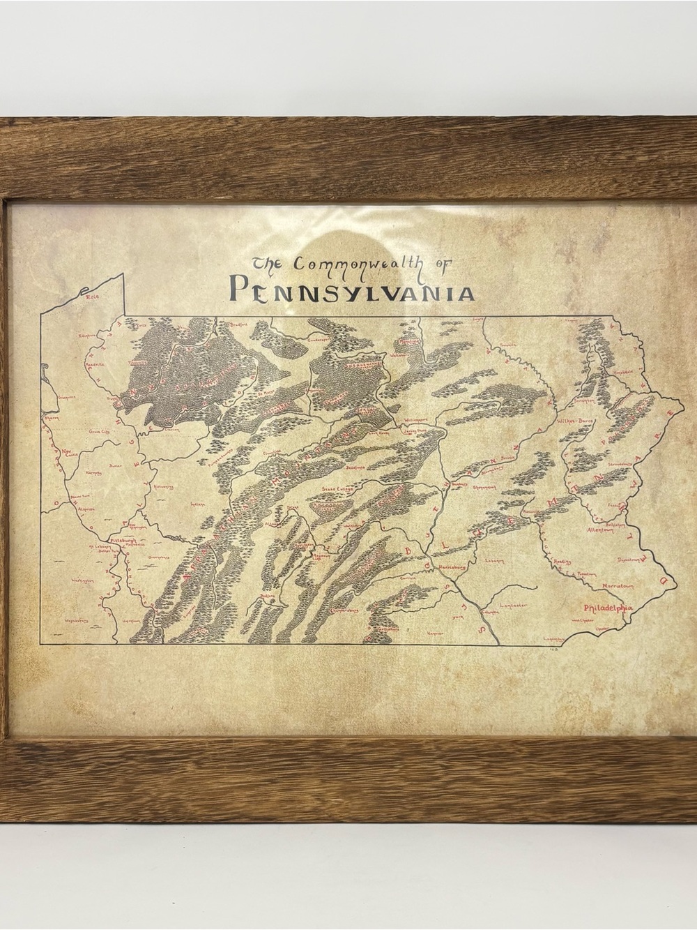Commonwealth of Pennsylvania Tolkien Style Fantasy Map Framed Art Print 19 X 15